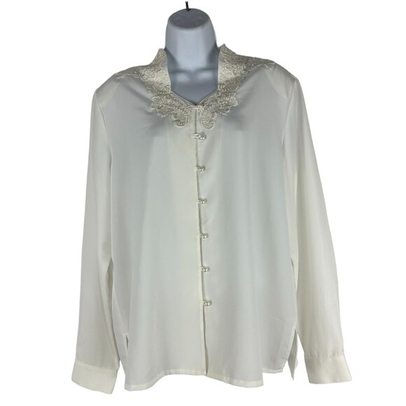 Liz Baker Women's V-Neck Button Down Shirt Size 12 White Long Sleeved - Picture 1 of 7